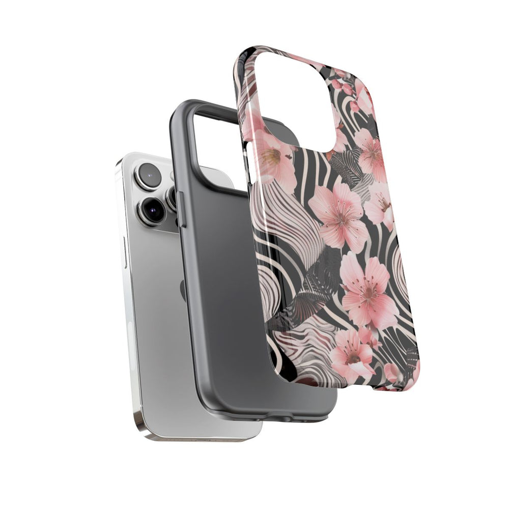 Roze Kersenbloesems met Zwart-Wit Abstract Patroon