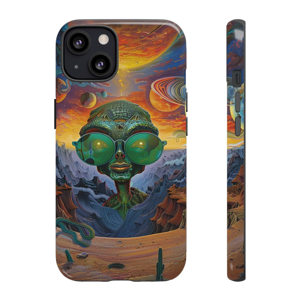 Groene Alien met Zonnebril in Psychedelisch Ruimtelandschap