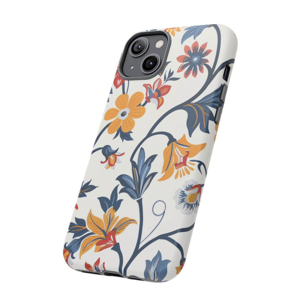 Retro Bloemenpatroon in Blauw, Rood en Geel