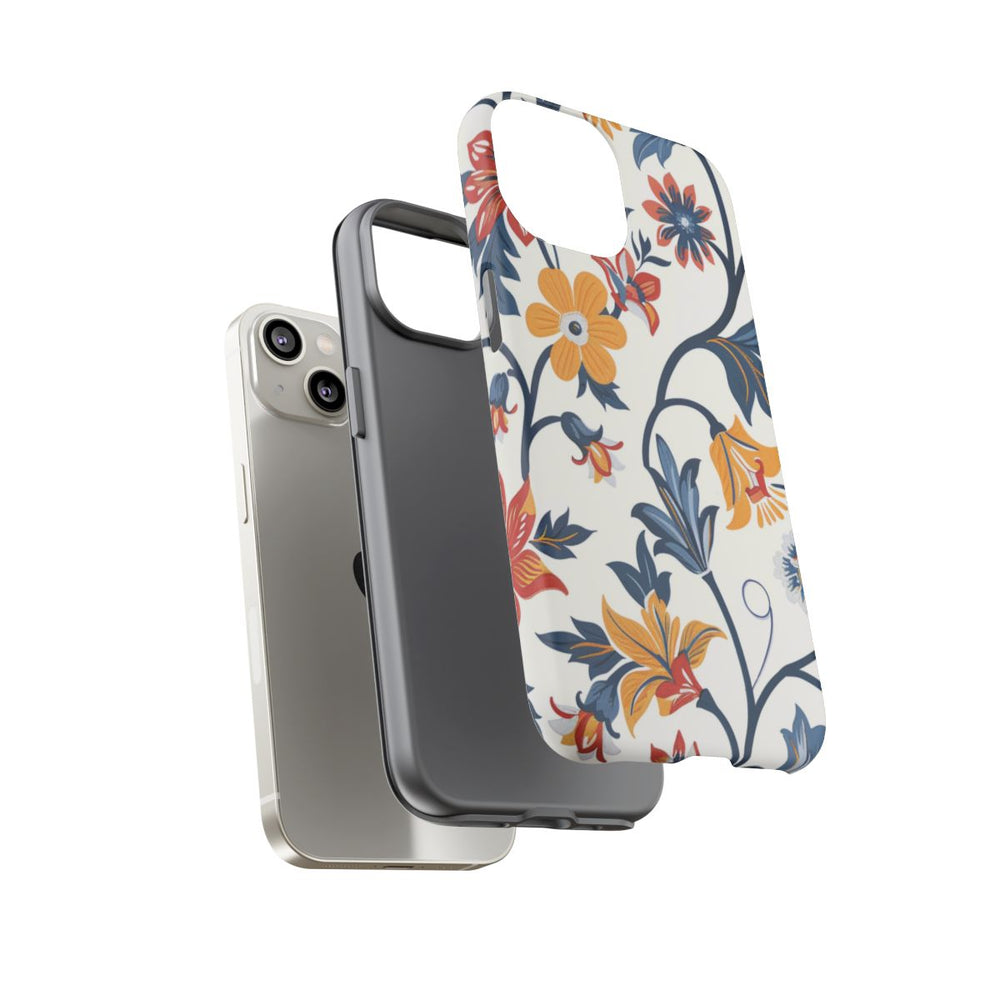 Retro Bloemenpatroon in Blauw, Rood en Geel