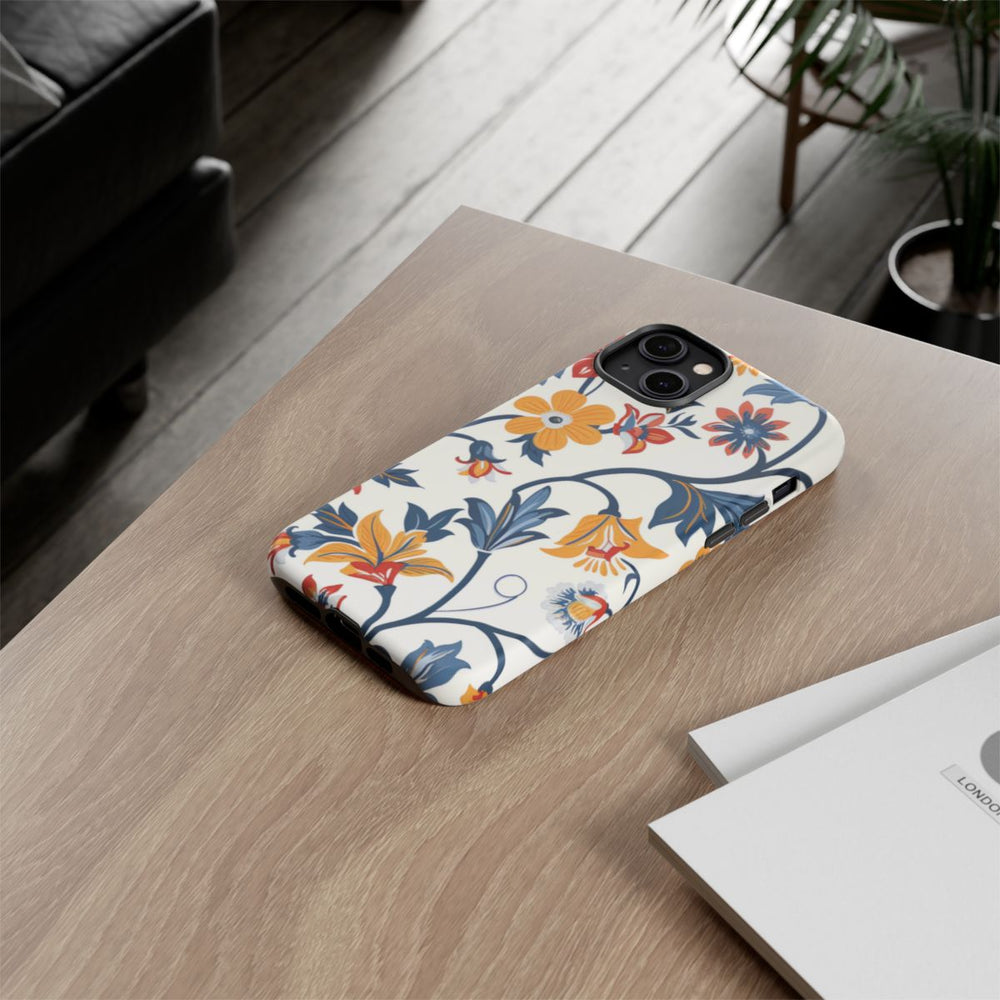 Retro Bloemenpatroon in Blauw, Rood en Geel