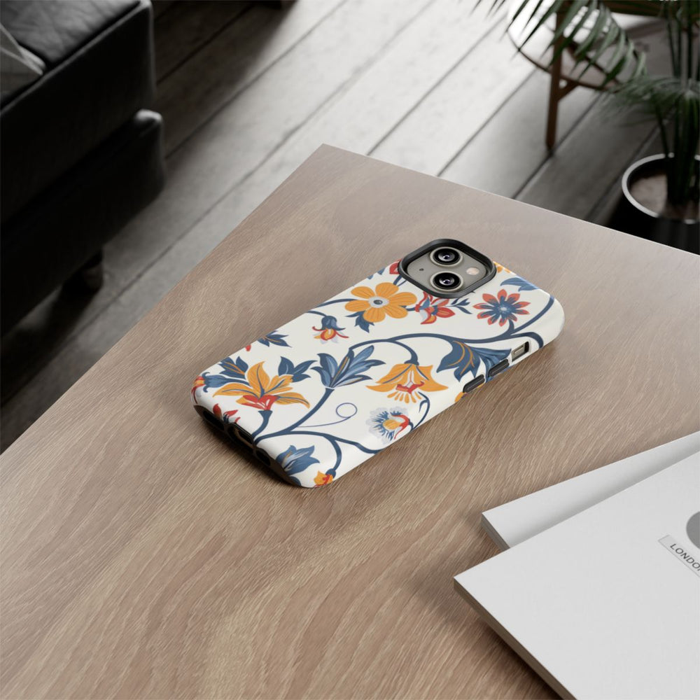 Retro Bloemenpatroon in Blauw, Rood en Geel