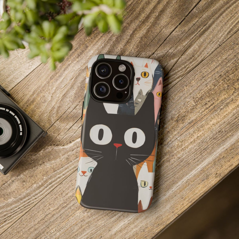 Grote Zwarte Kat met Kleurrijke Cartoonkatten