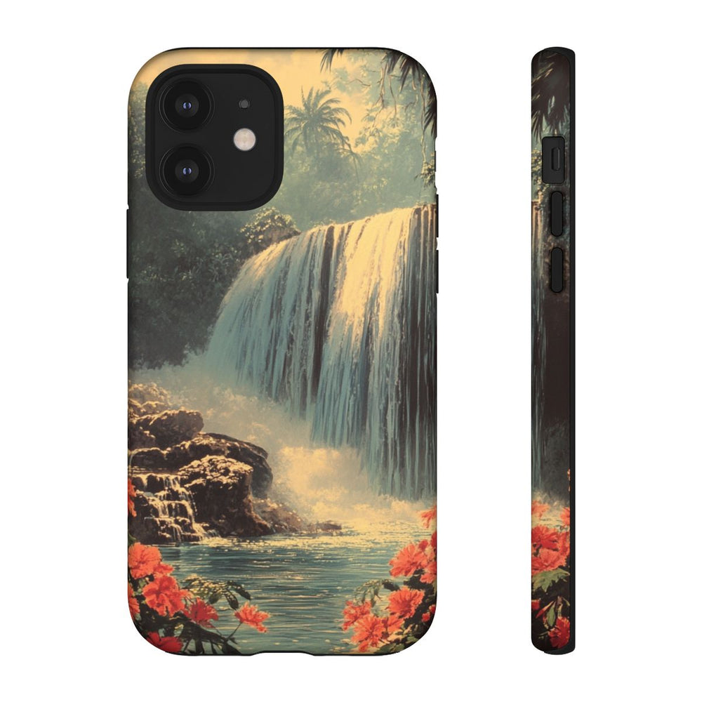 Tropische Waterval met Rode Bloemen