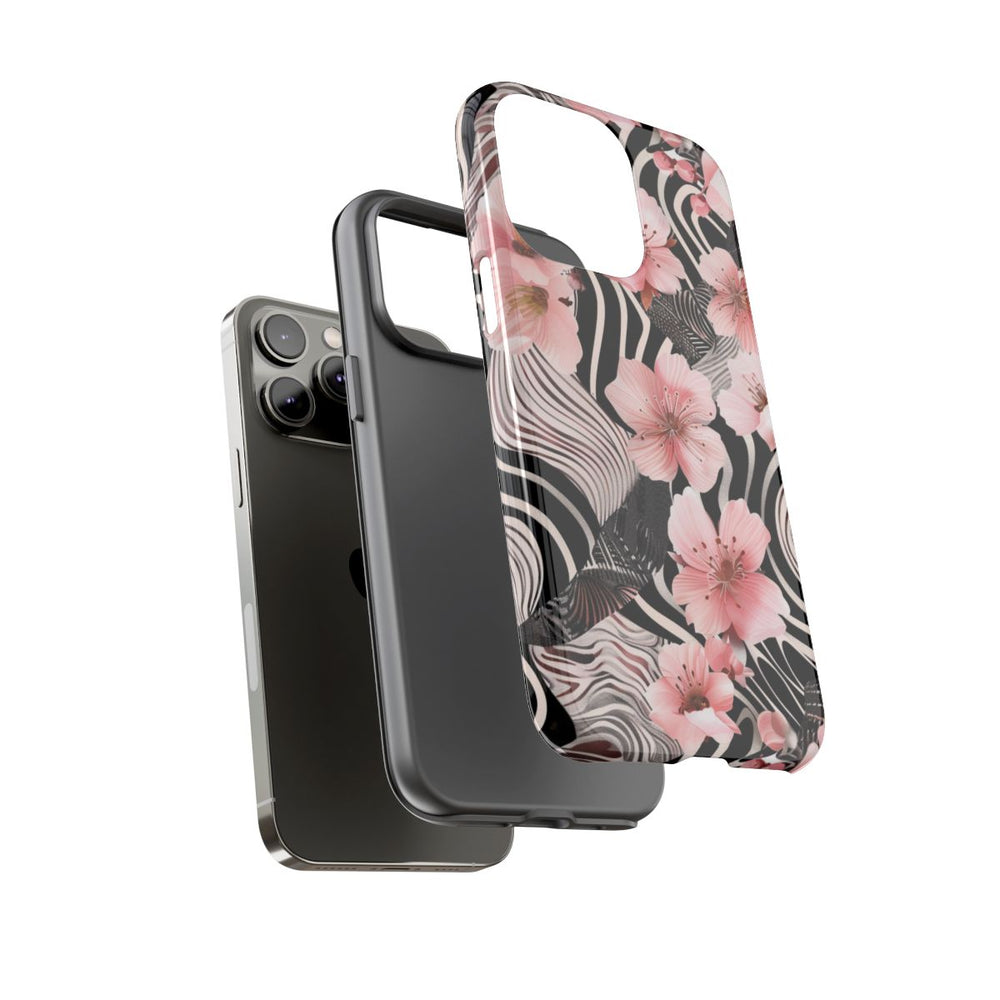 Roze Kersenbloesems met Zwart-Wit Abstract Patroon