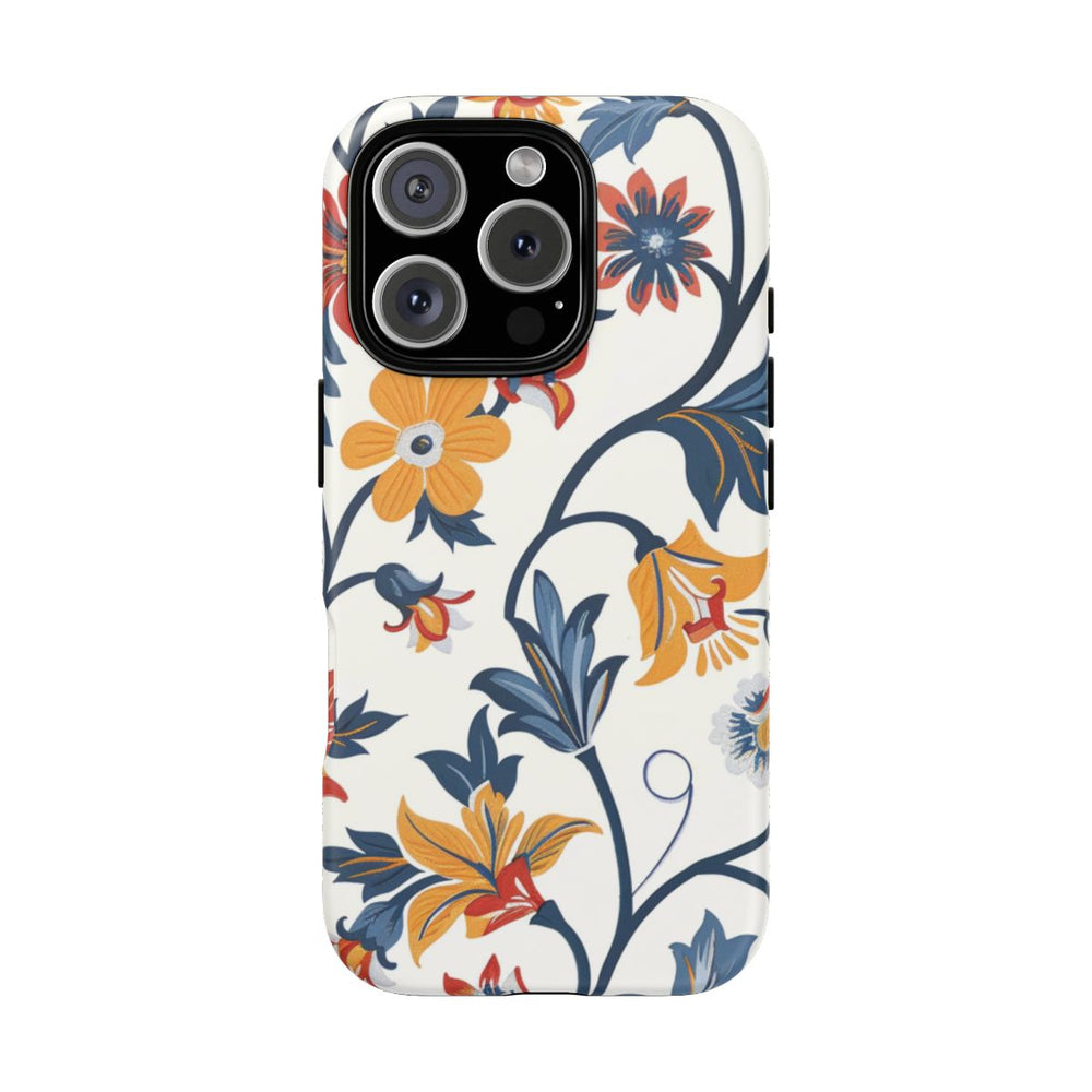 Retro Bloemenpatroon in Blauw, Rood en Geel