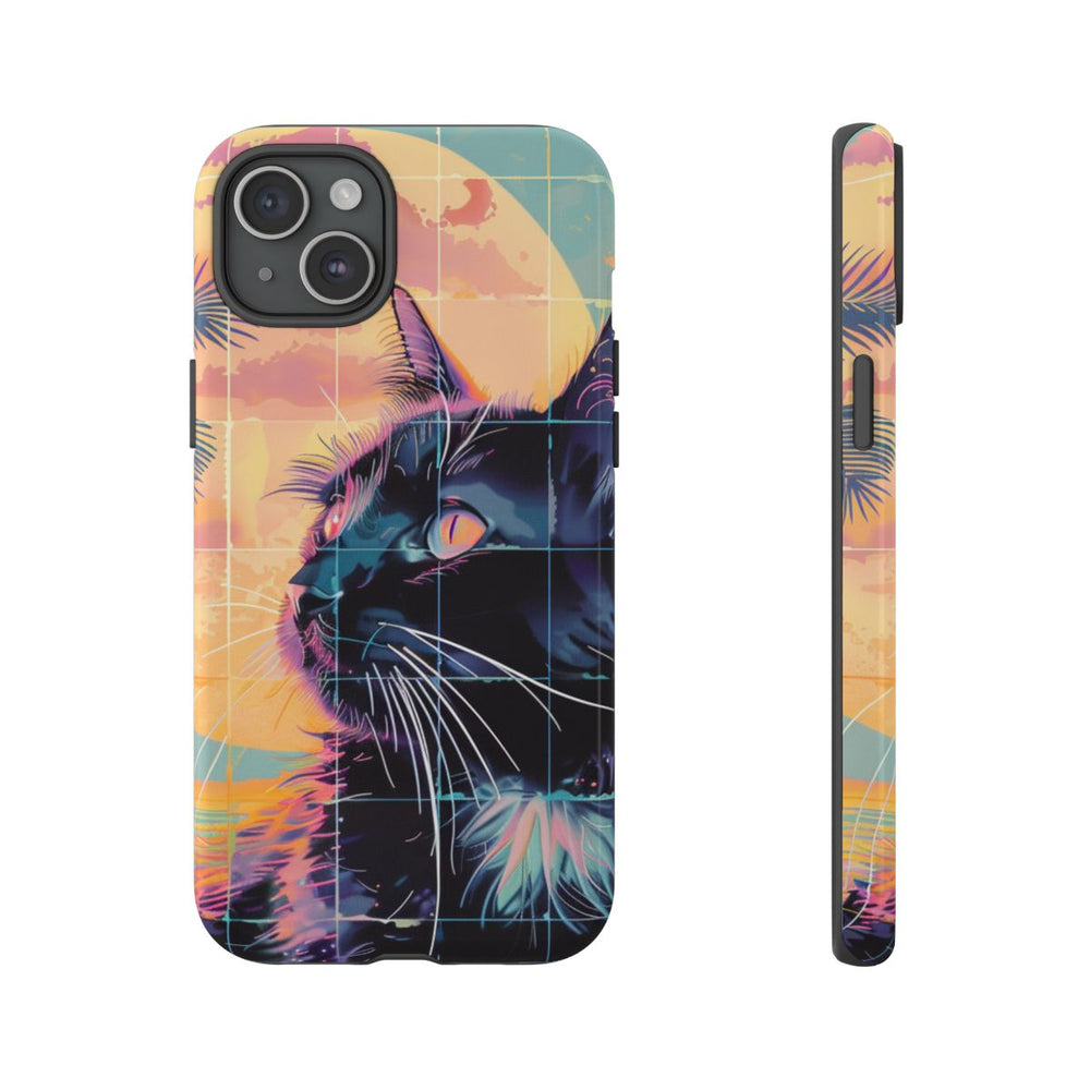 Lofi Vaporwave Kat met Zonsondergang en Palmen