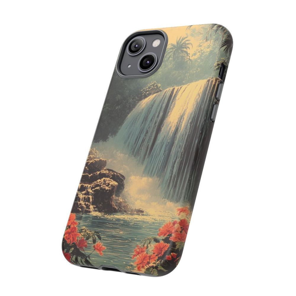 Tropische Waterval met Rode Bloemen
