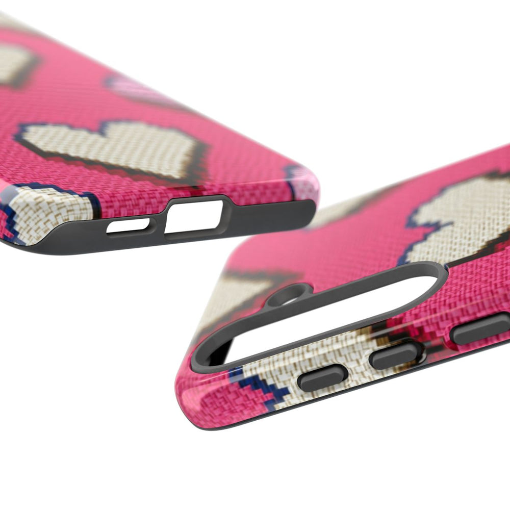 Pixelachtige Witte en Roze Hartjes op Glanzende Achtergrond