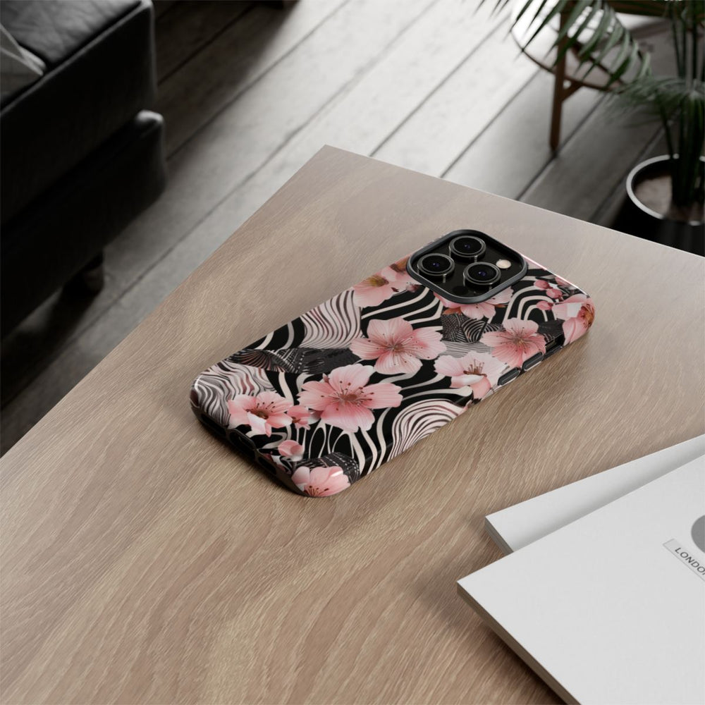 Roze Kersenbloesems met Zwart-Wit Abstract Patroon
