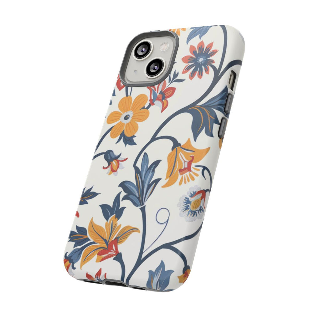 Retro Bloemenpatroon in Blauw, Rood en Geel