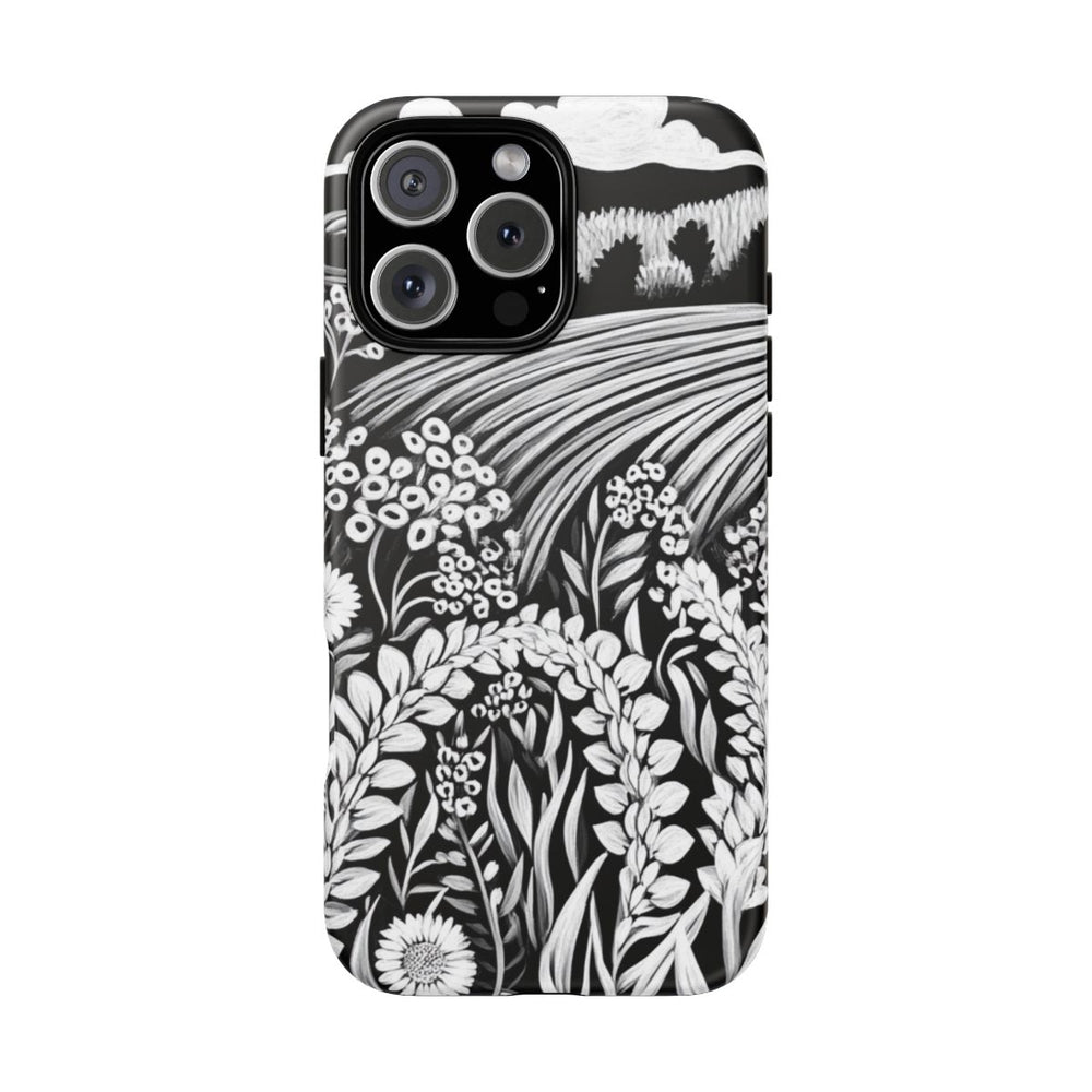 Zwart-Wit Folklore Landschap met Bloemen
