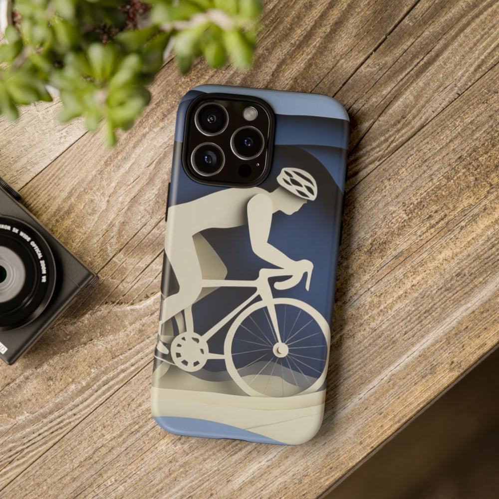 Fietser als Papieren Uitsnede in Blauwe Landschap