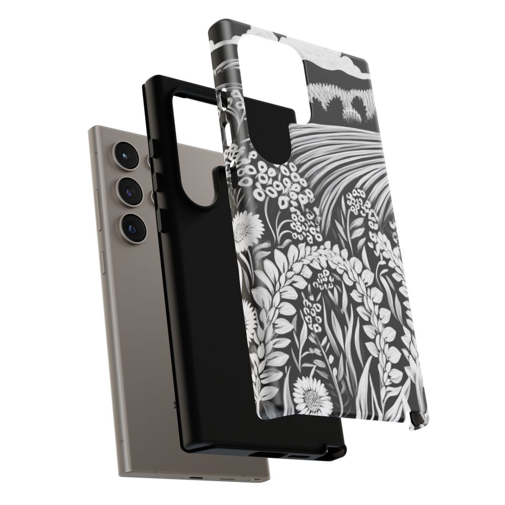 Zwart-Wit Folklore Landschap met Bloemen