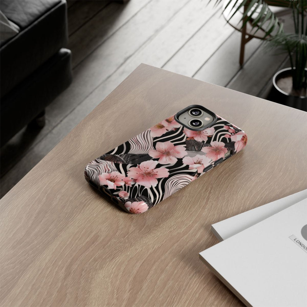 Roze Kersenbloesems met Zwart-Wit Abstract Patroon