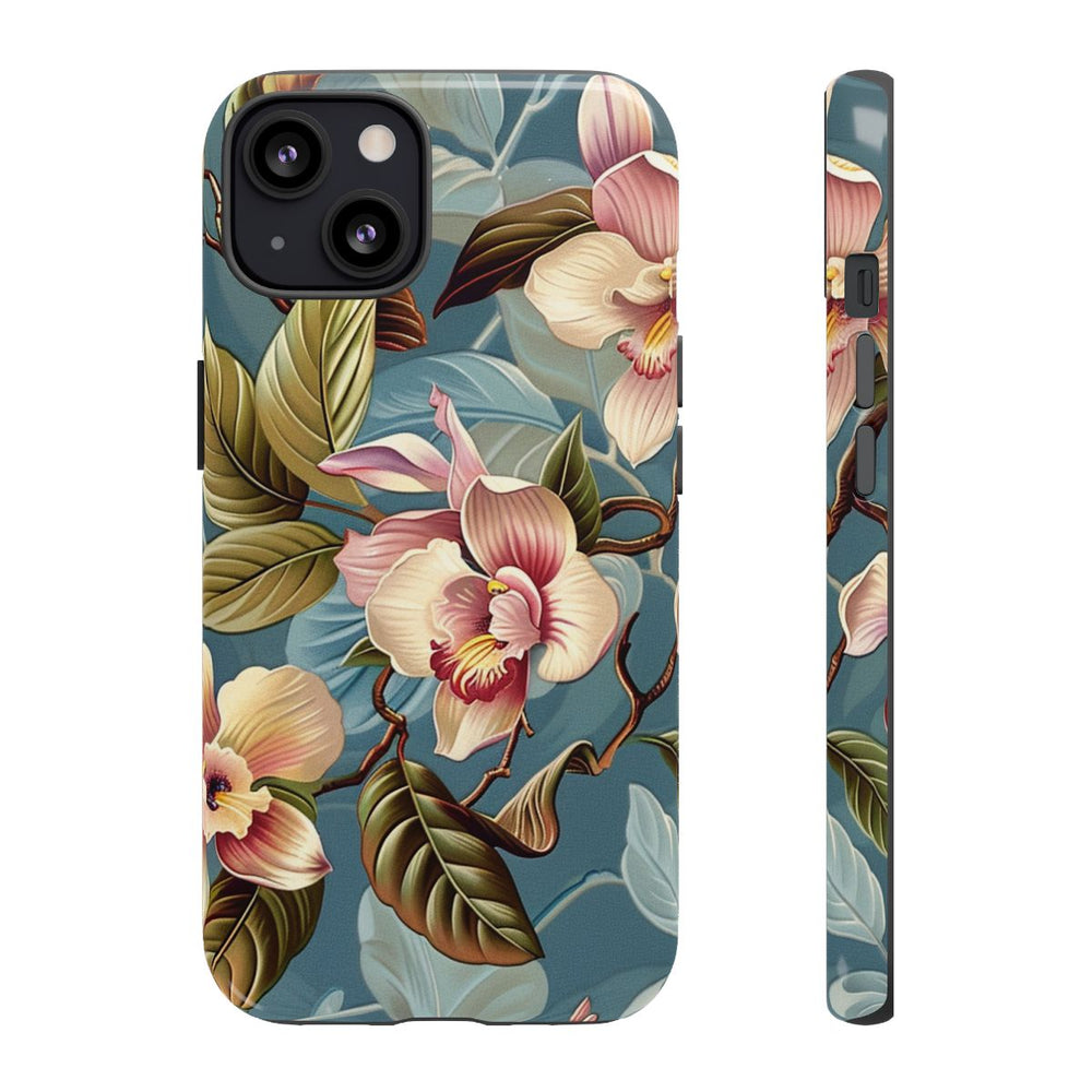 Orchideeën Bloemenpatroon op Blauwe Achtergrond