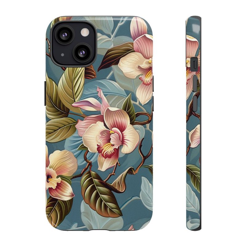 Orchideeën Bloemenpatroon op Blauwe Achtergrond