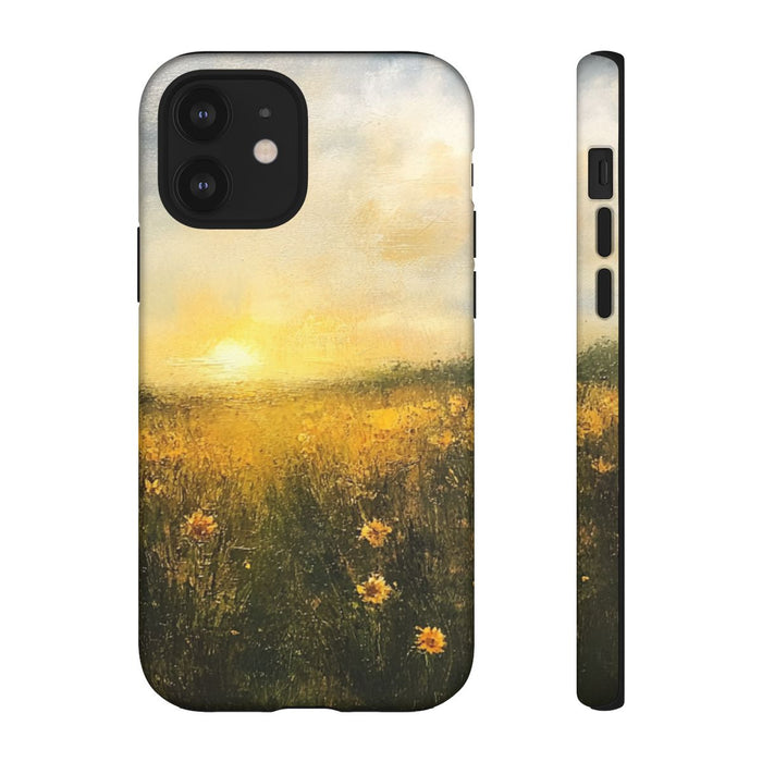 Schildering van Zonnige Bloemenweide bij Zonsondergang