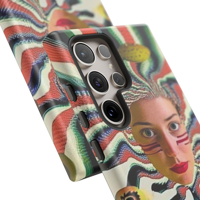 Surrealistisch Gezicht met Gestreept Patroon en Zwevende Bollen