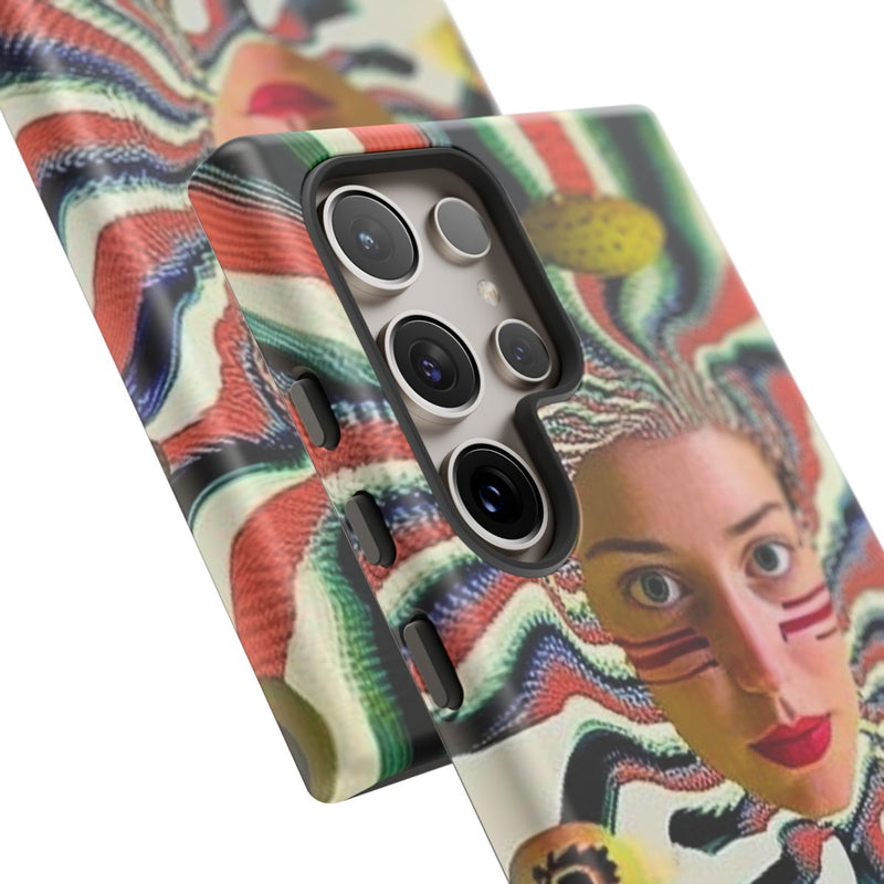 Surrealistisch Gezicht met Gestreept Patroon en Zwevende Bollen