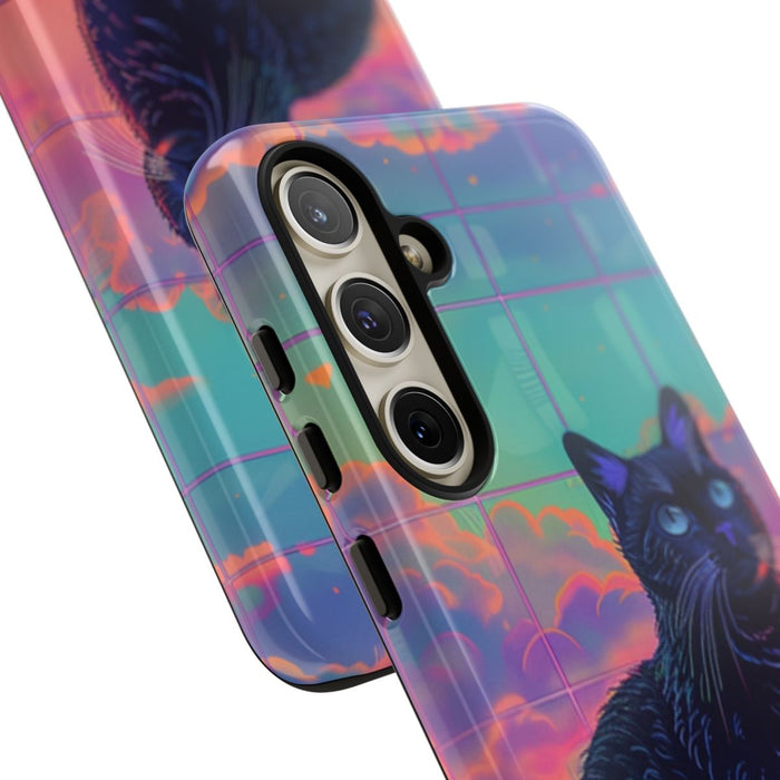 Zwarte Kat met Neonlucht Reflectie
