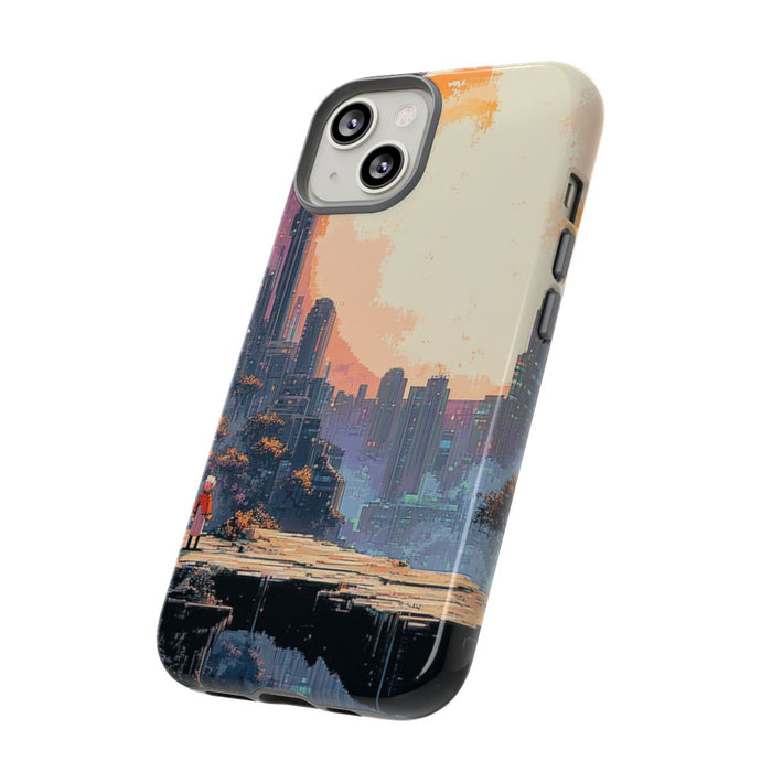 Pixel Art Stadsgezicht met Grote Maan