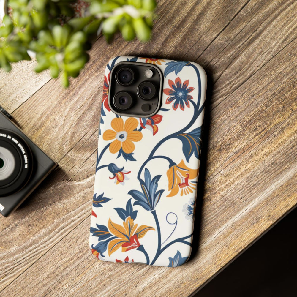 Retro Bloemenpatroon in Blauw, Rood en Geel