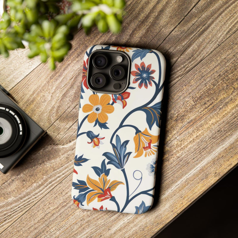Retro Bloemenpatroon in Blauw, Rood en Geel