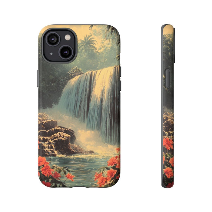 Tropische Waterval met Rode Bloemen