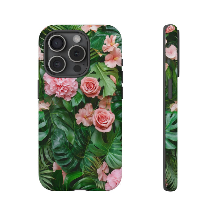 Roze Rozen en Tropische Bladeren Bloemenpatroon