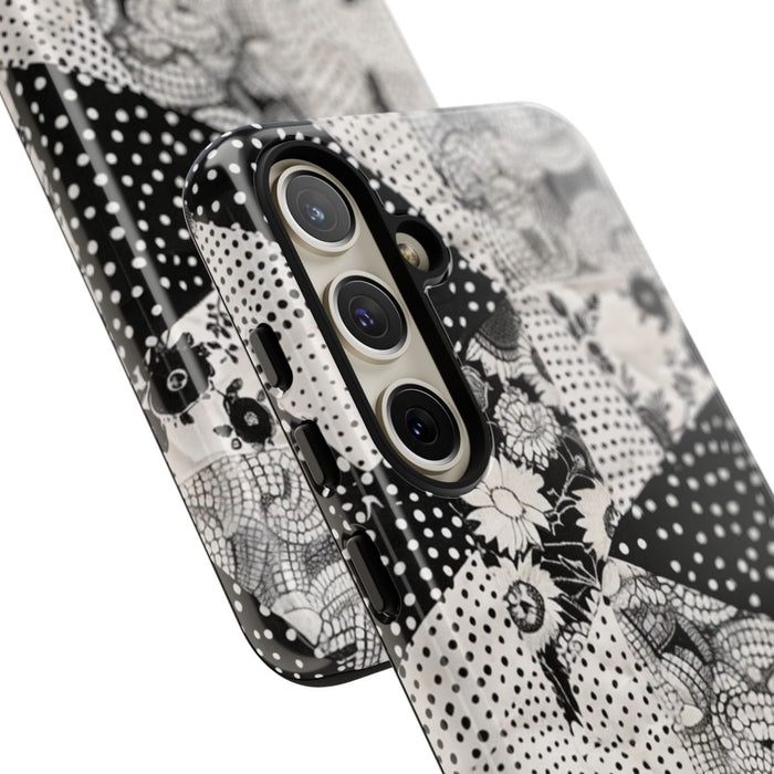 Zwart-Wit Patchwork met Bloemen en Stippen