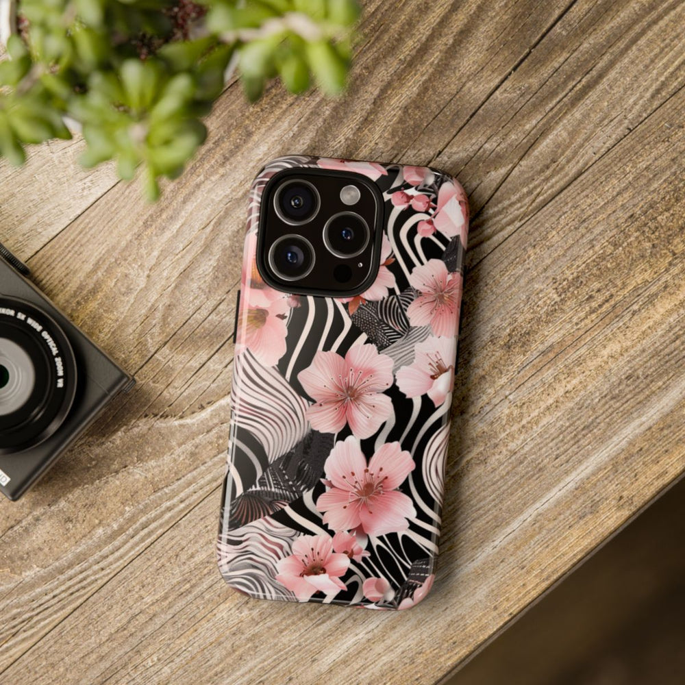 Roze Kersenbloesems met Zwart-Wit Abstract Patroon