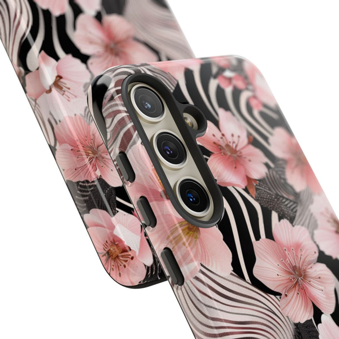 Roze Kersenbloesems met Zwart-Wit Abstract Patroon