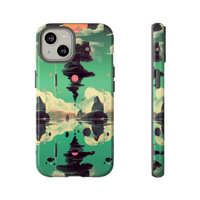 Surrealistisch Zwevende Rotsformatie met Roze Zonnen