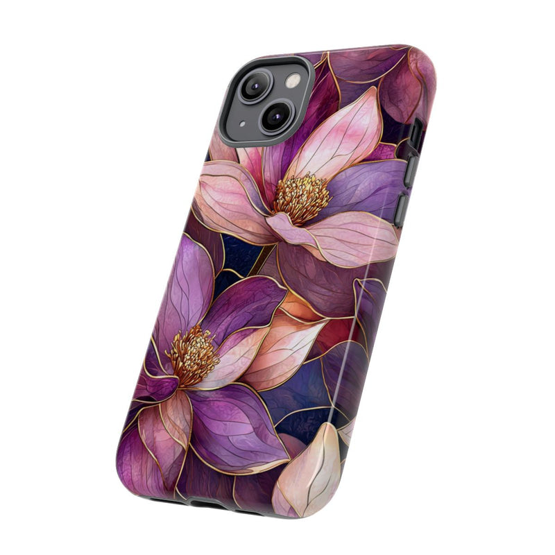 Paarse Magnolia Bloemen in Glas-in-lood