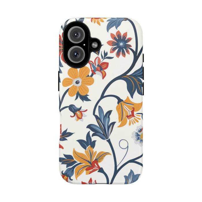 Retro Bloemenpatroon in Blauw, Rood en Geel