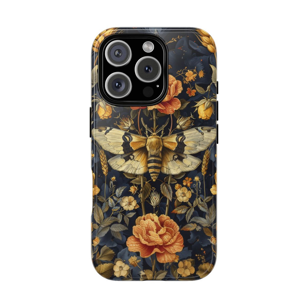 Gouden Bloemen en Mottenpatroon op Donkerblauw