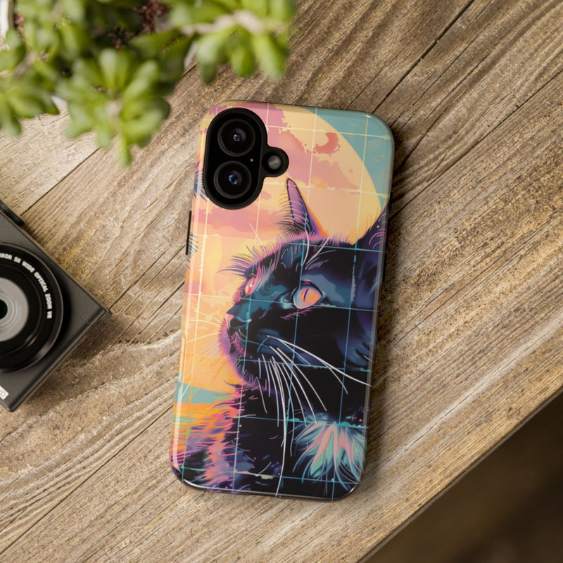 Lofi Vaporwave Kat met Zonsondergang en Palmen