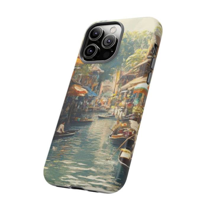 Levendige Watermarkt met Boten en Kramen