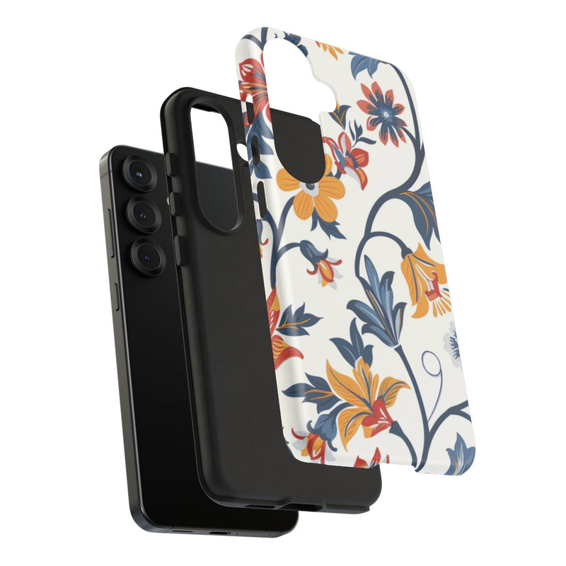 Retro Bloemenpatroon in Blauw, Rood en Geel
