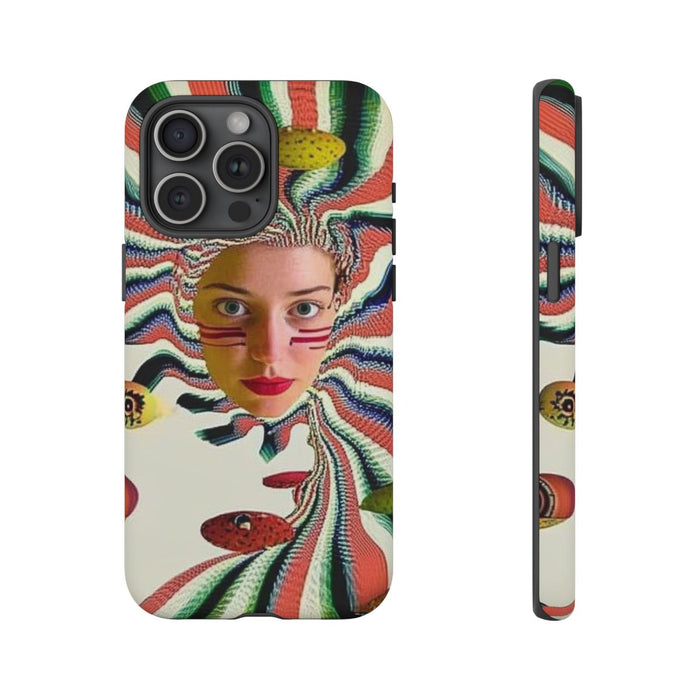 Surrealistisch Vrouwenportret met Kleurrijke Strepen en Zwevende Vormen