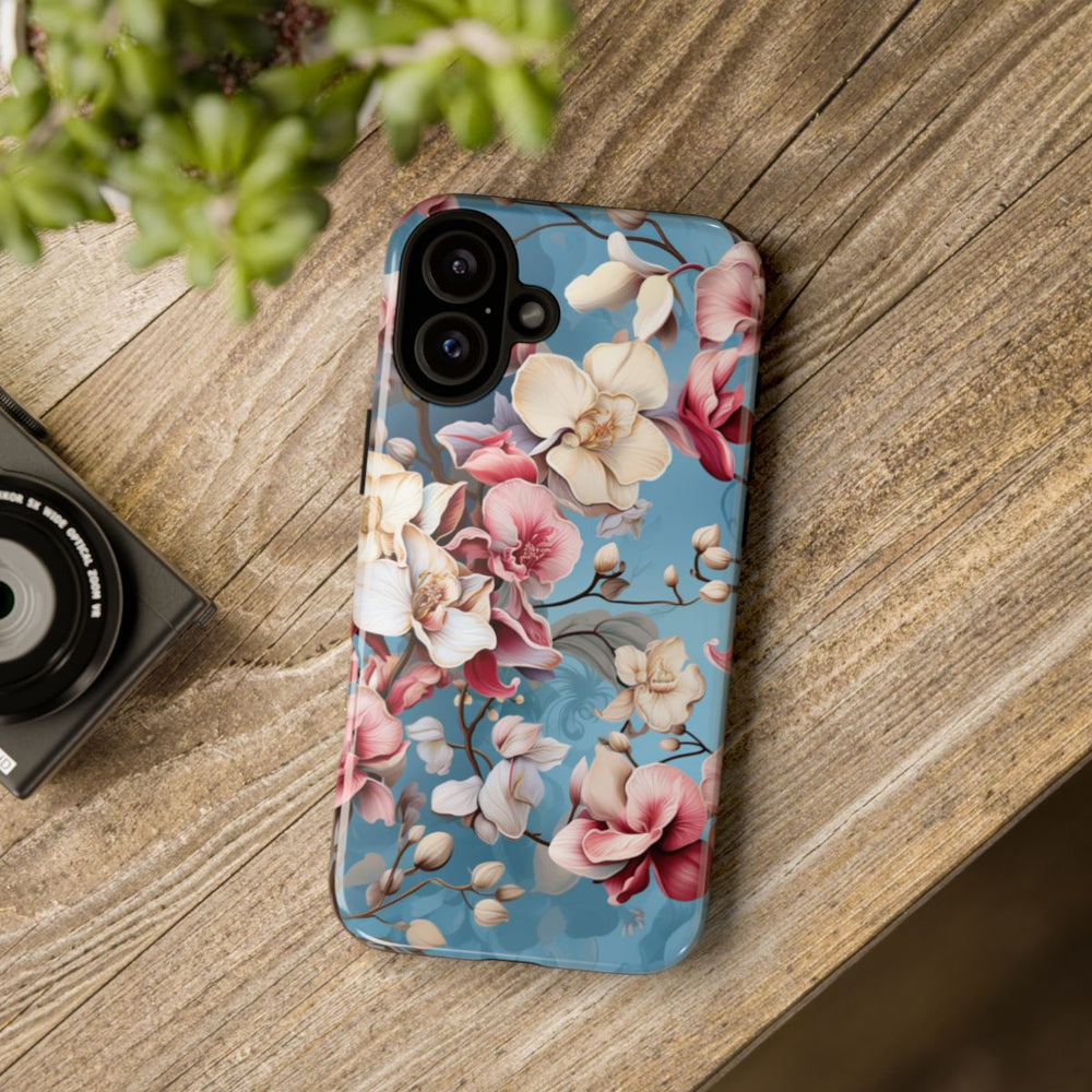 Orchideeën Bloemenpatroon op Blauwe Achtergrond