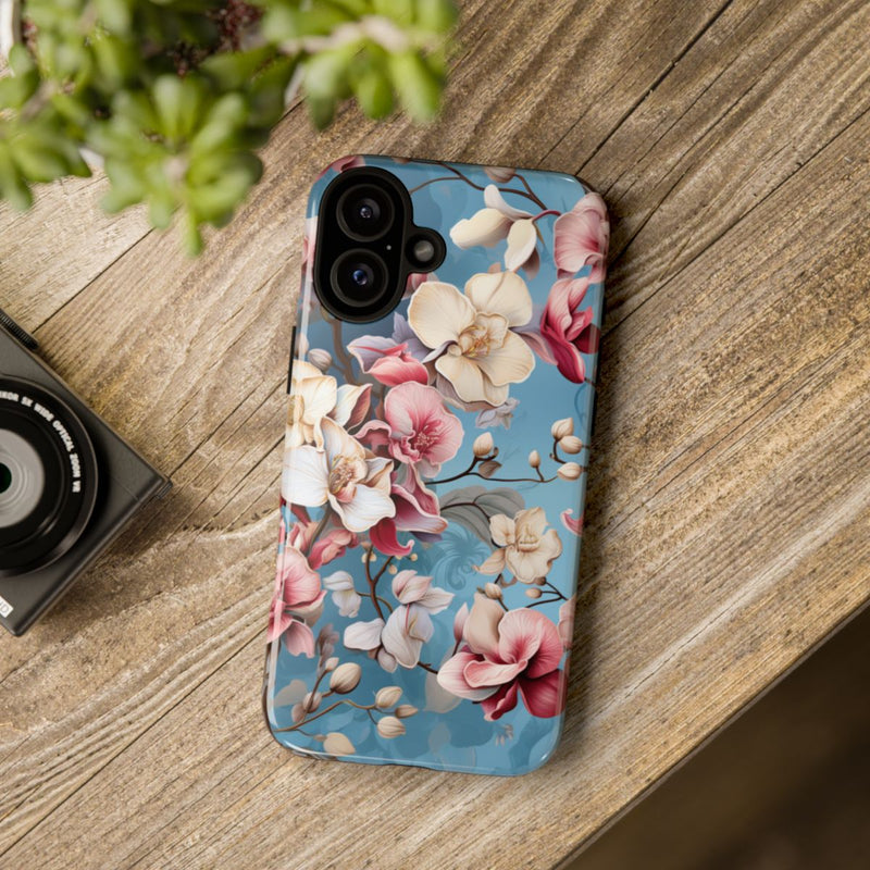 Orchideeën Bloemenpatroon op Blauwe Achtergrond