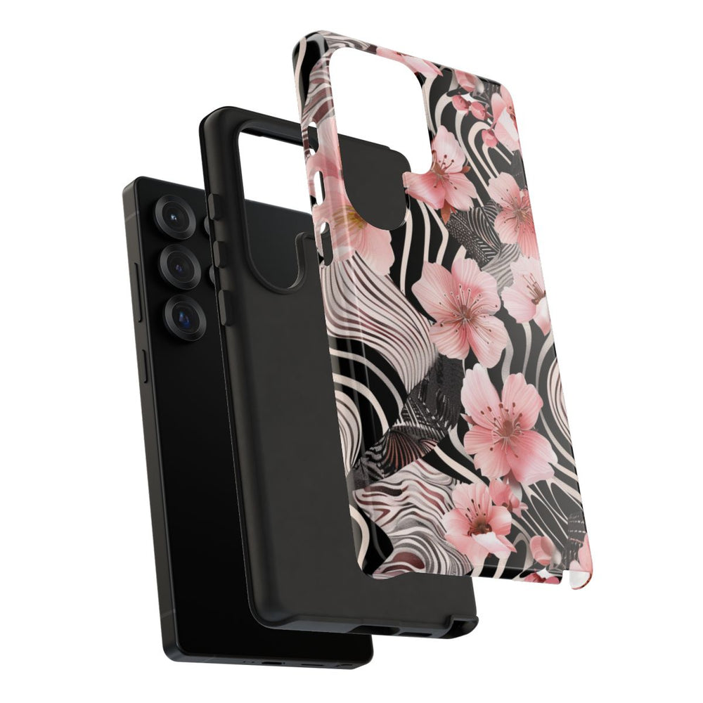Roze Kersenbloesems met Zwart-Wit Abstract Patroon