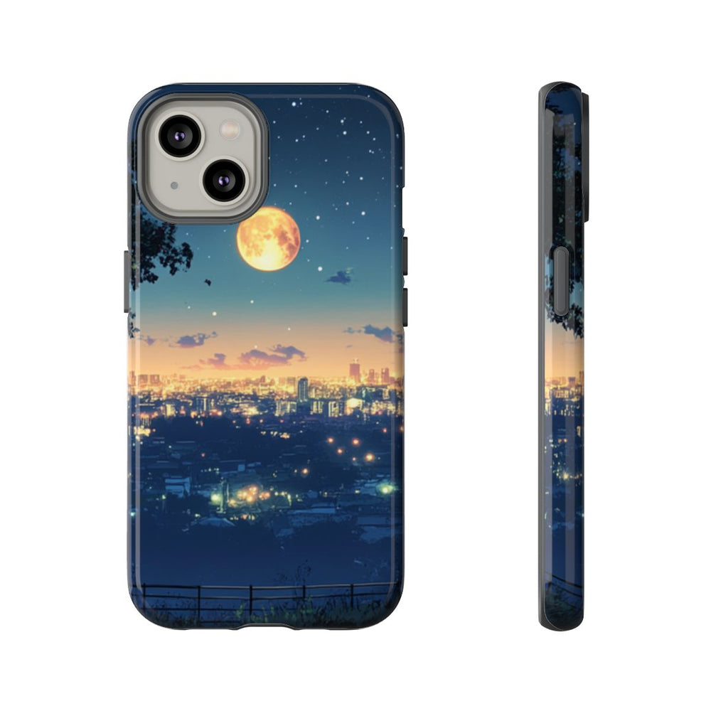 Stad bij Nacht met Sterrenhemel en Volle Maan