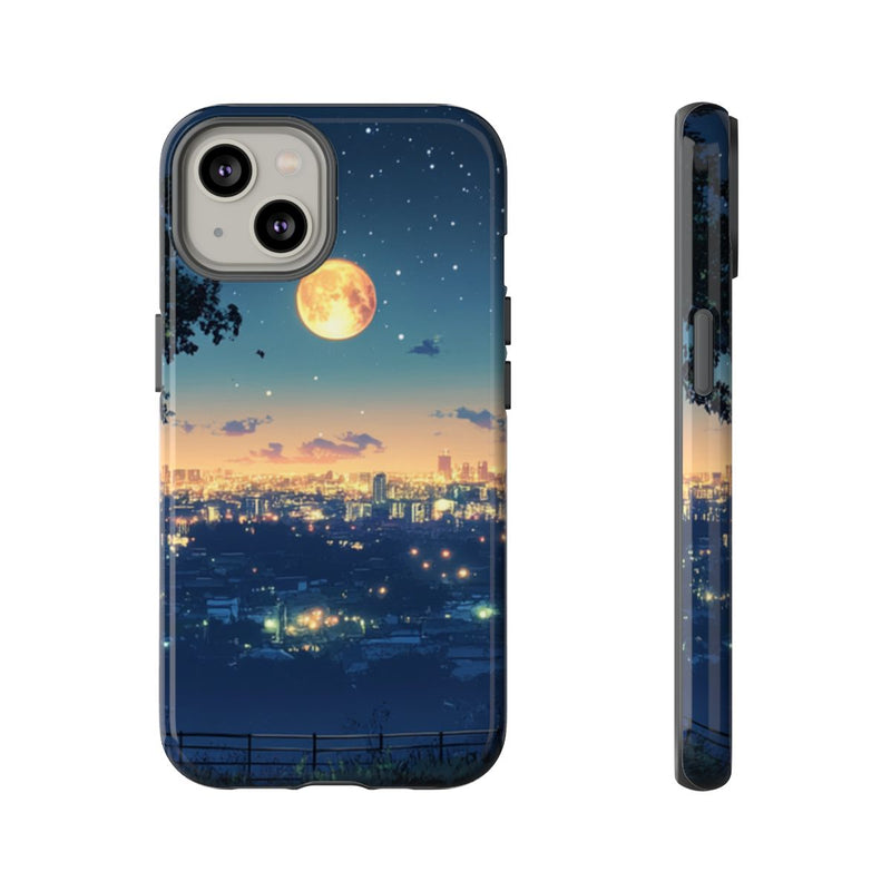 Stad bij Nacht met Sterrenhemel en Volle Maan