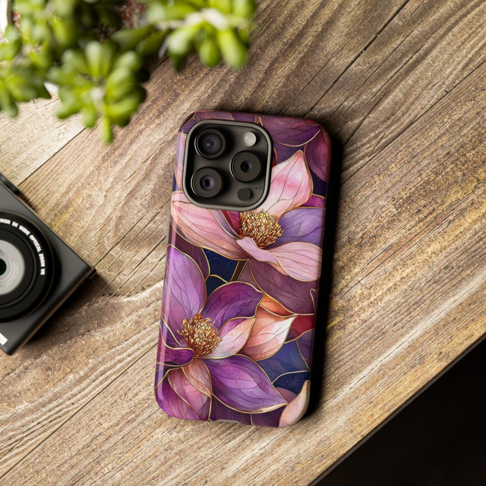 Paarse Magnolia Bloemen in Glas-in-lood