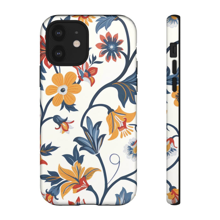 Retro Bloemenpatroon in Blauw, Rood en Geel
