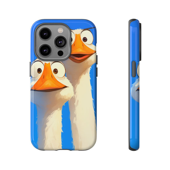 Twee Grappige Ganzen met Grote Ogen op Blauwe Achtergrond