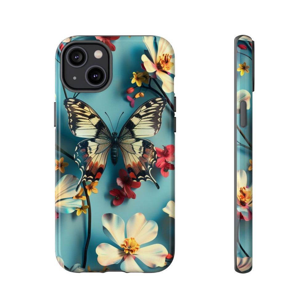 Vlinder en Bloemenpatroon op Blauw